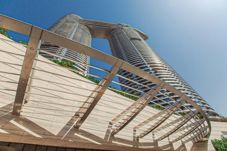 Stunning low angle view of Jumeirah Gate Towers in Dubai showcasing modern luxury architecture.